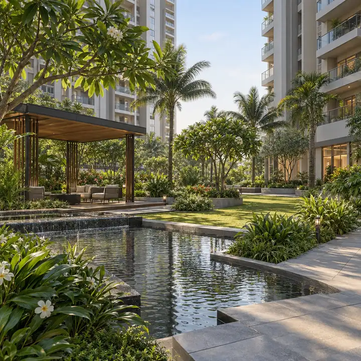 Sobha Mullur landscaped garden with tropical planting, a reflecting pool and a timber pavilion, artist's impression Sobha Mullur landscaped garden with tropical planting, a reflecting pool and a timber pavilion, artist's impression