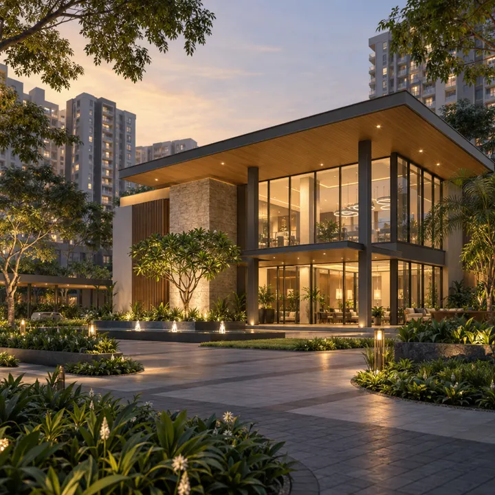 Sobha Mullur clubhouse exterior with glass, timber and stone facades lit at dusk, artist's impression Sobha Mullur clubhouse exterior with glass, timber and stone facades lit at dusk, artist's impression