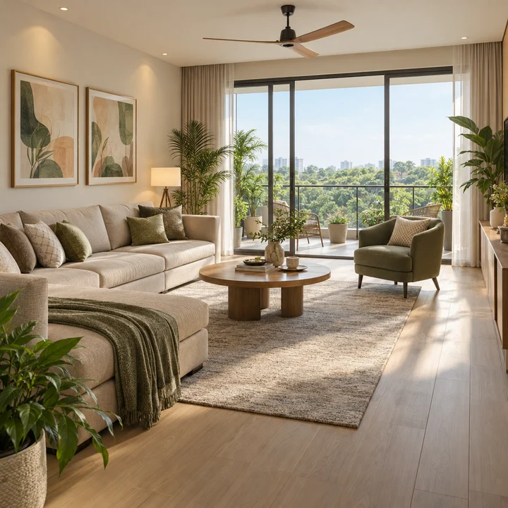 Sobha Mullur indicative living room interior with a sofa set, oak floors and a balcony overlooking treetops, artist's impression Sobha Mullur indicative living room interior with a sofa set, oak floors and a balcony overlooking treetops, artist's impression