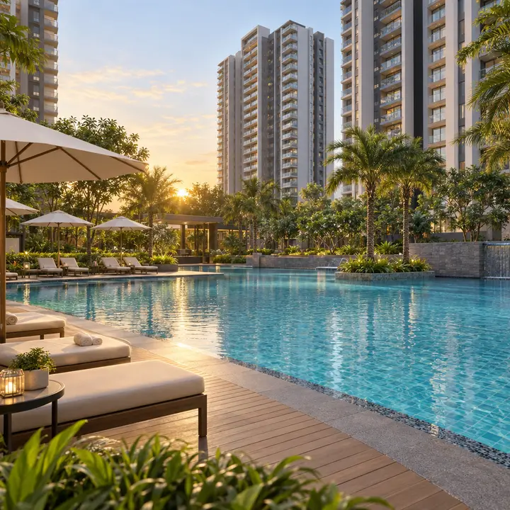 Sobha Mullur swimming pool and timber sun deck with loungers, palms and apartment towers behind, artist's impression Sobha Mullur swimming pool and timber sun deck with loungers, palms and apartment towers behind, artist's impression